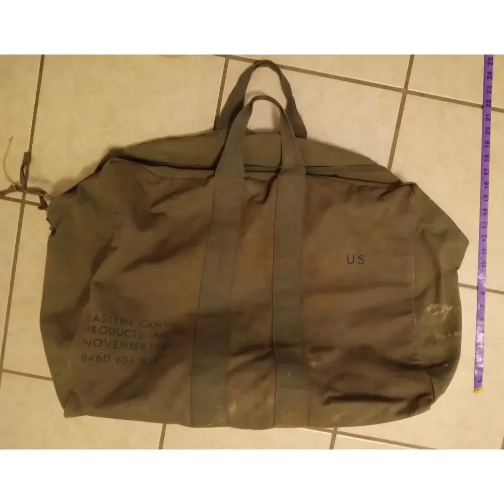 Vintage 1963 US Military Flyers Kit Bag Olive Drab Canvas Aviator Duffle Bag